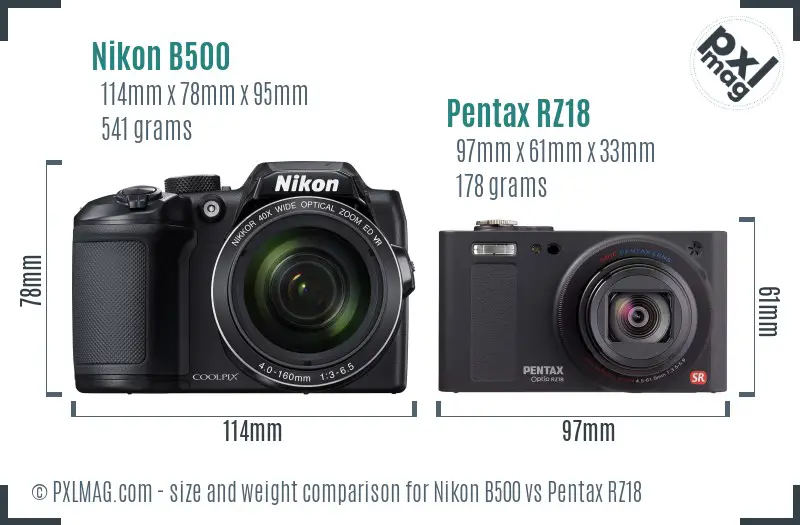 Nikon B500 vs Pentax RZ18 size comparison