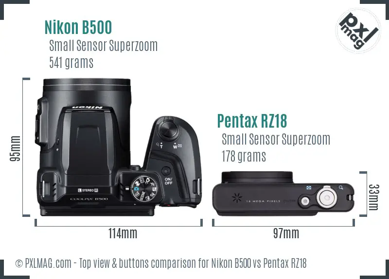 Nikon B500 vs Pentax RZ18 top view buttons comparison