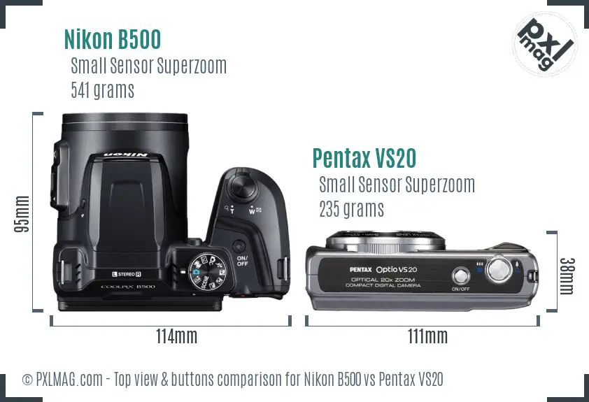 Nikon B500 vs Pentax VS20 top view buttons comparison