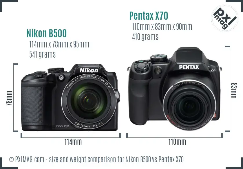 Nikon B500 vs Pentax X70 size comparison
