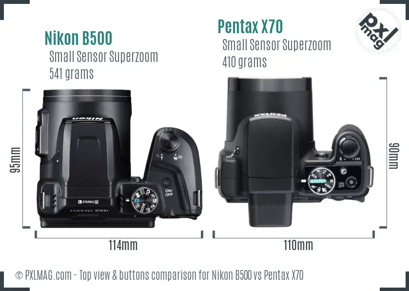 Nikon B500 vs Pentax X70 top view buttons comparison