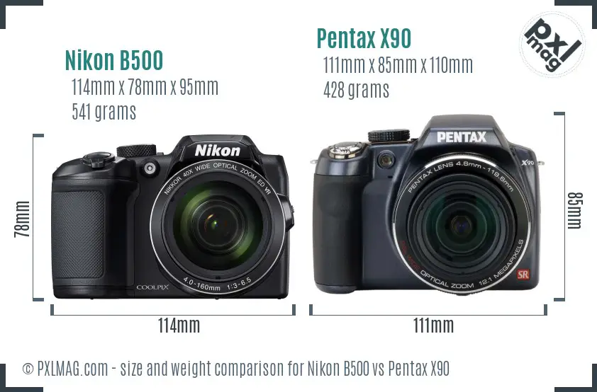 Nikon B500 vs Pentax X90 size comparison