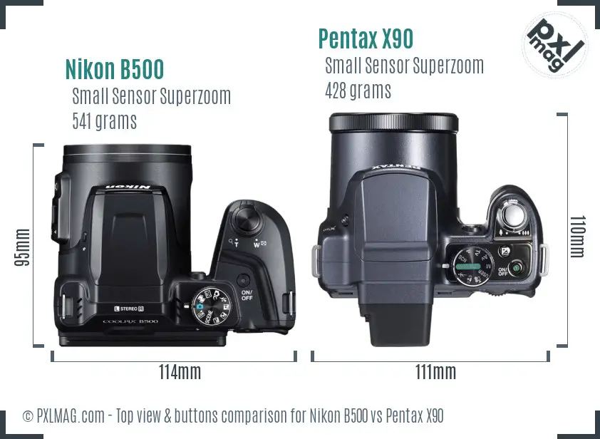 Nikon B500 vs Pentax X90 top view buttons comparison