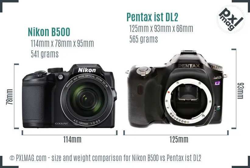 Nikon B500 vs Pentax ist DL2 size comparison