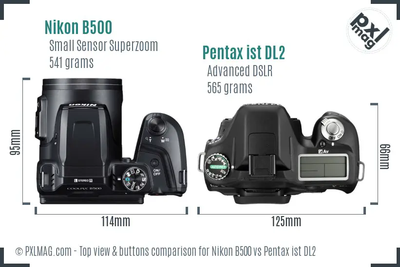 Nikon B500 vs Pentax ist DL2 top view buttons comparison