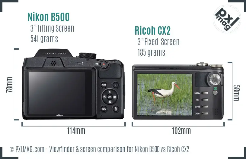 Nikon B500 vs Ricoh CX2 Screen and Viewfinder comparison