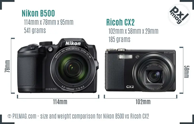 Nikon B500 vs Ricoh CX2 size comparison