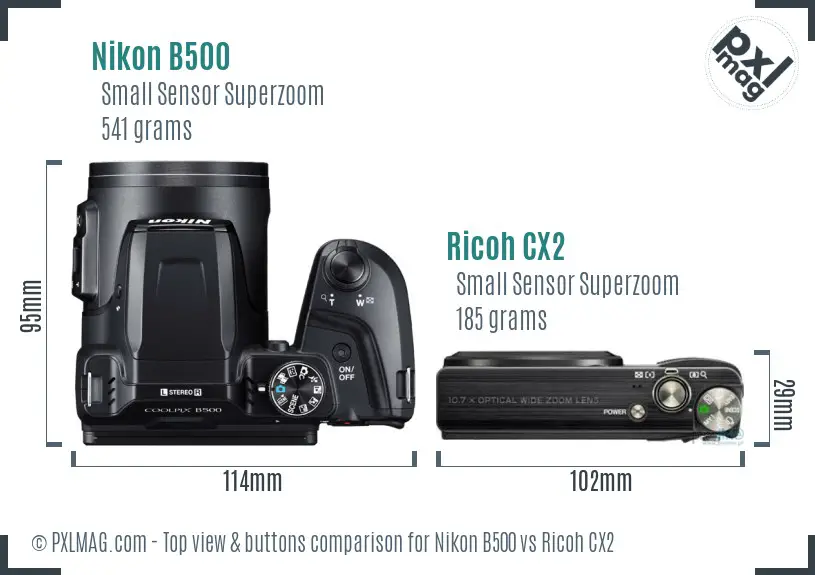 Nikon B500 vs Ricoh CX2 top view buttons comparison