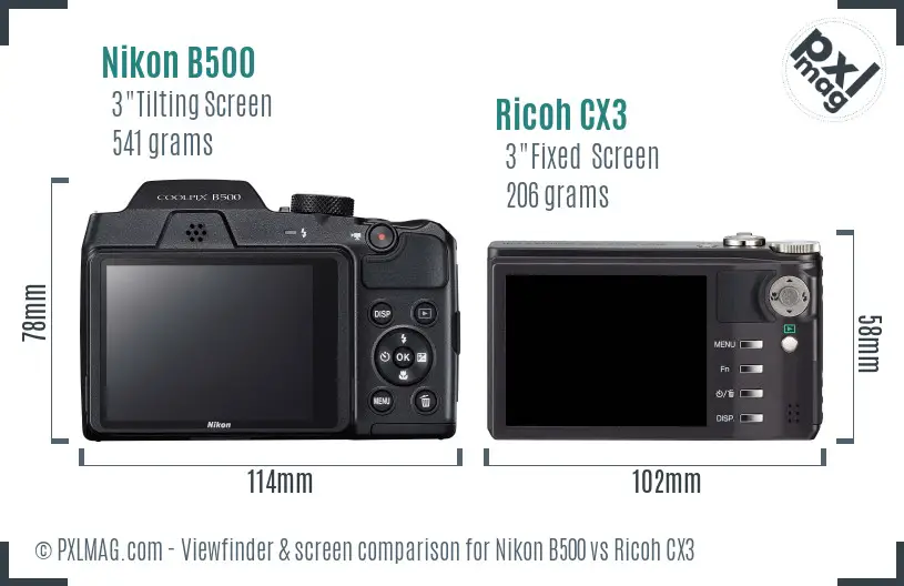 Nikon B500 vs Ricoh CX3 Screen and Viewfinder comparison