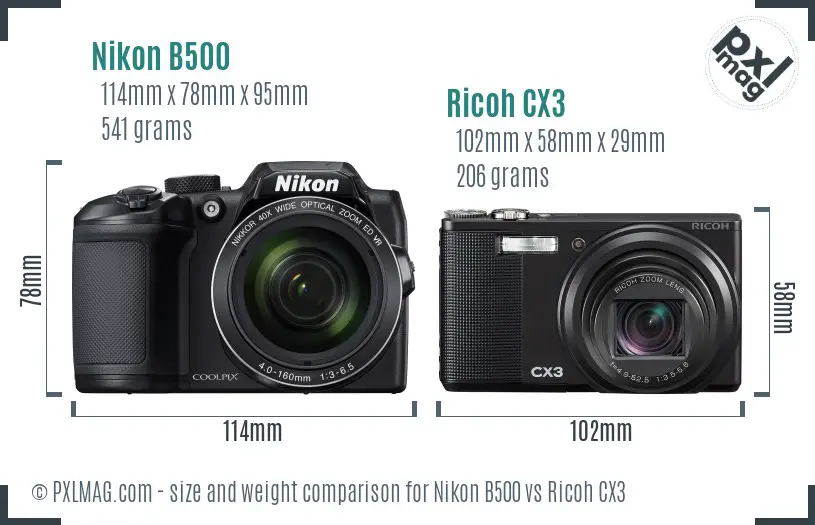 Nikon B500 vs Ricoh CX3 size comparison