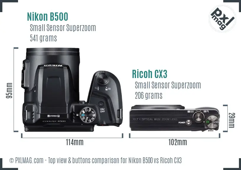Nikon B500 vs Ricoh CX3 top view buttons comparison