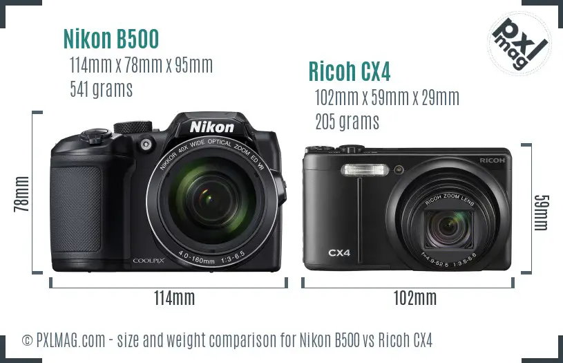 Nikon B500 vs Ricoh CX4 size comparison