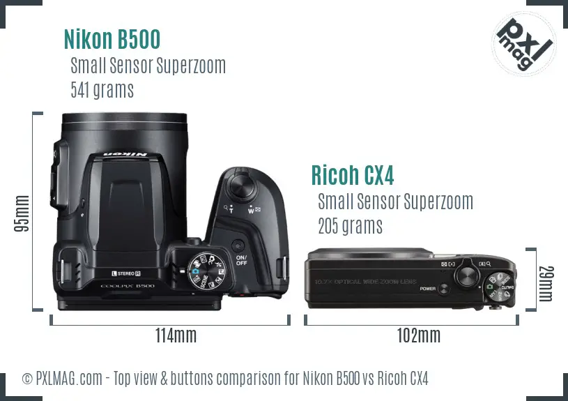 Nikon B500 vs Ricoh CX4 top view buttons comparison
