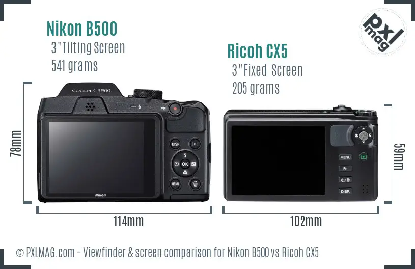 Nikon B500 vs Ricoh CX5 Screen and Viewfinder comparison
