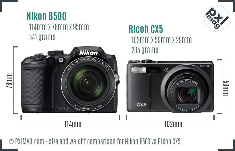 Nikon B500 vs Ricoh CX5 size comparison