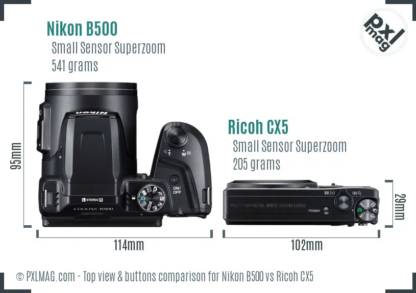 Nikon B500 vs Ricoh CX5 top view buttons comparison