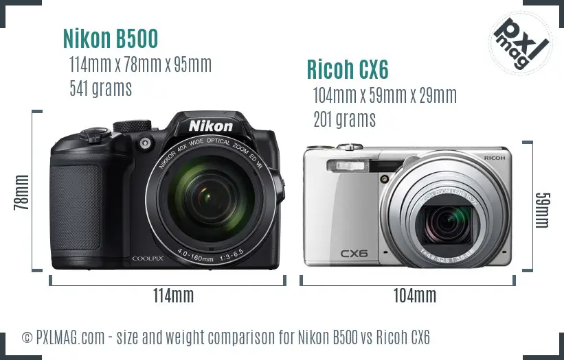 Nikon B500 vs Ricoh CX6 size comparison