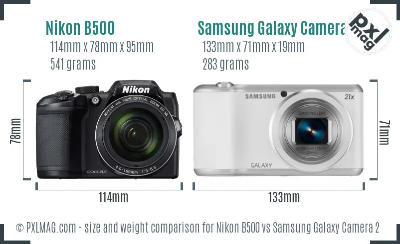 Nikon B500 vs Samsung Galaxy Camera 2 size comparison