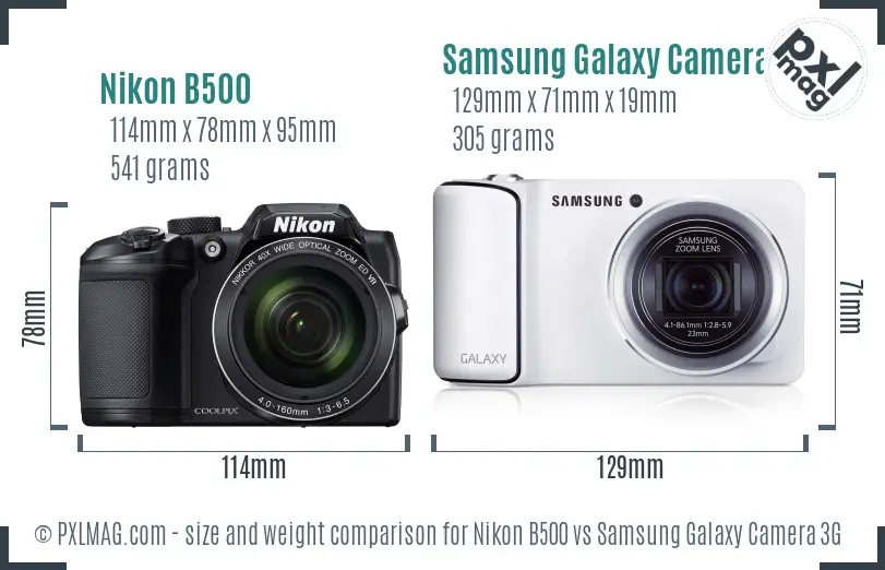 Nikon B500 vs Samsung Galaxy Camera 3G size comparison