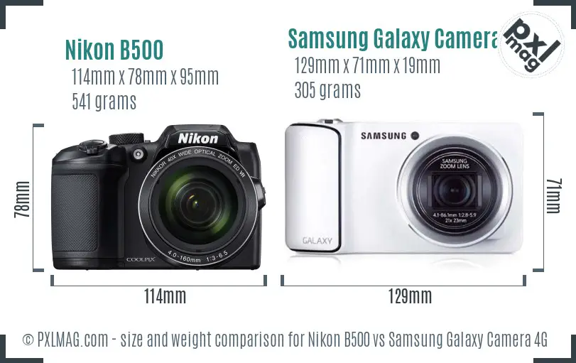 Nikon B500 vs Samsung Galaxy Camera 4G size comparison
