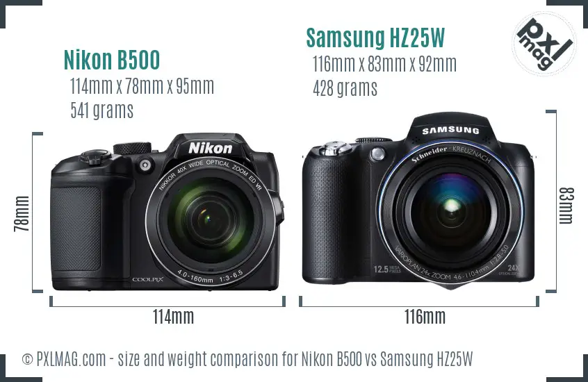 Nikon B500 vs Samsung HZ25W size comparison