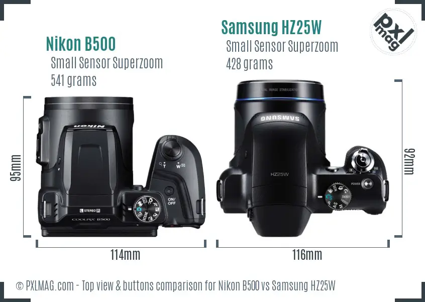 Nikon B500 vs Samsung HZ25W top view buttons comparison