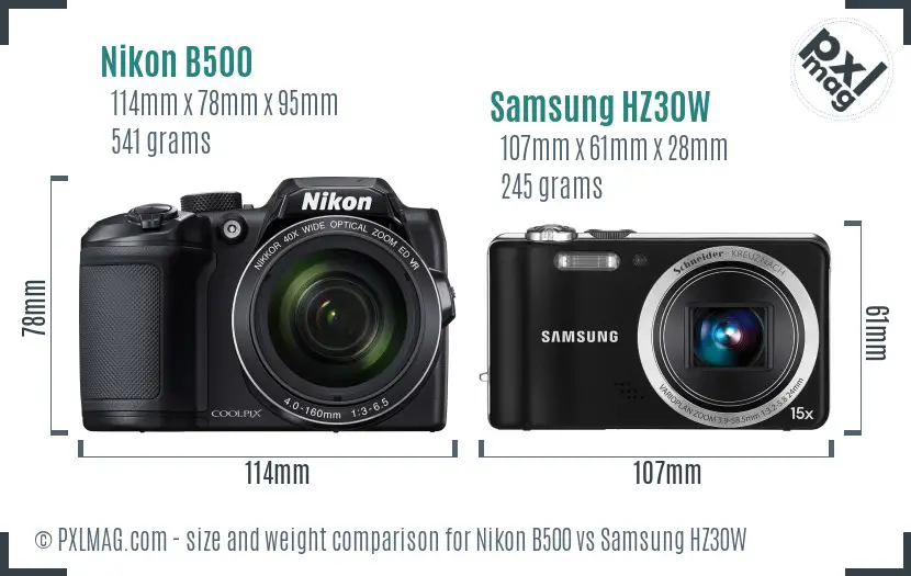 Nikon B500 vs Samsung HZ30W size comparison