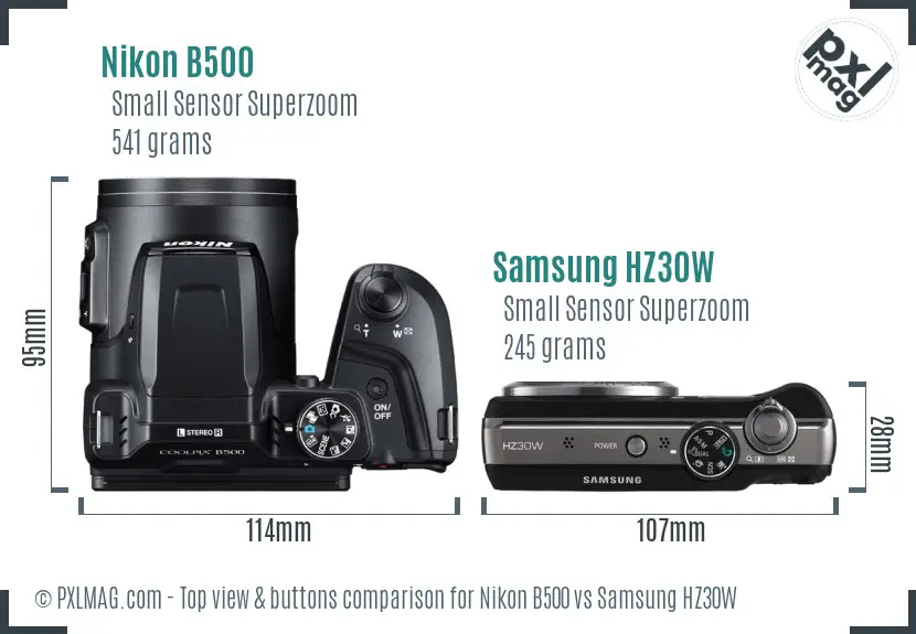 Nikon B500 vs Samsung HZ30W top view buttons comparison