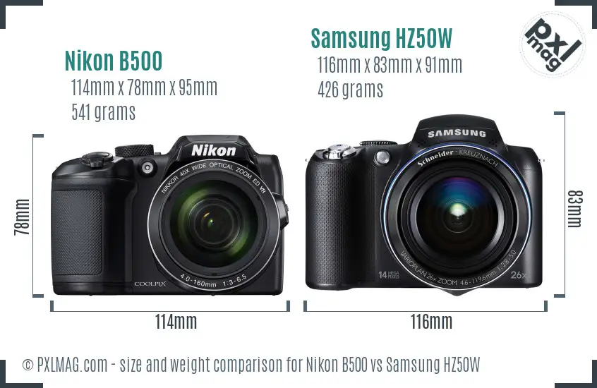 Nikon B500 vs Samsung HZ50W size comparison