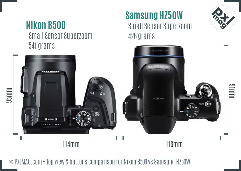 Nikon B500 vs Samsung HZ50W top view buttons comparison