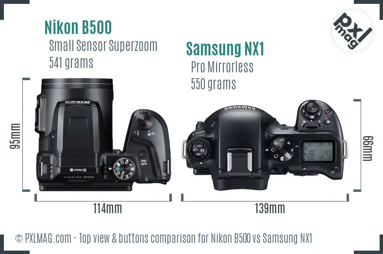 Nikon B500 vs Samsung NX1 top view buttons comparison