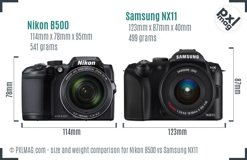 Nikon B500 vs Samsung NX11 size comparison