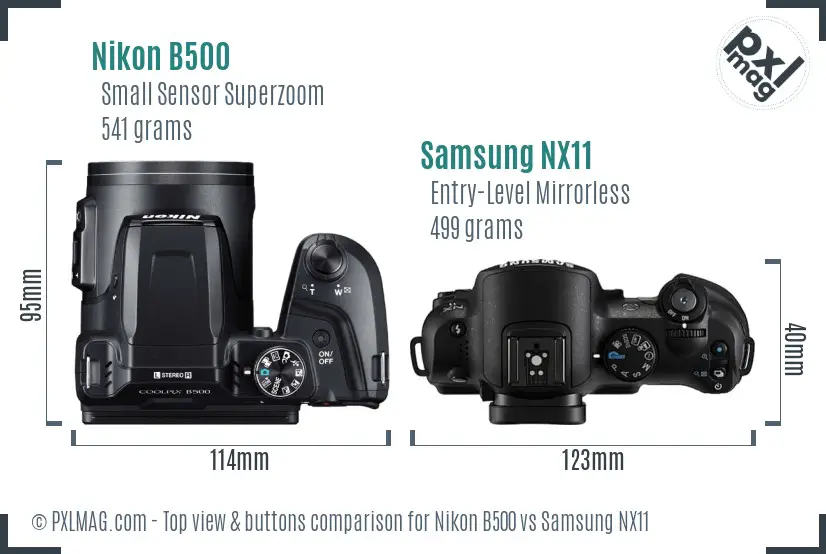 Nikon B500 vs Samsung NX11 top view buttons comparison