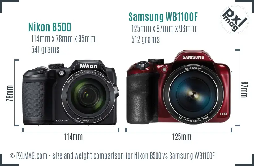 Nikon B500 vs Samsung WB1100F size comparison