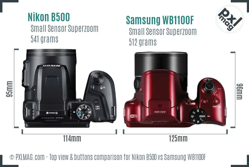 Nikon B500 vs Samsung WB1100F top view buttons comparison