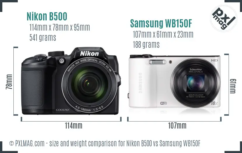 Nikon B500 vs Samsung WB150F size comparison