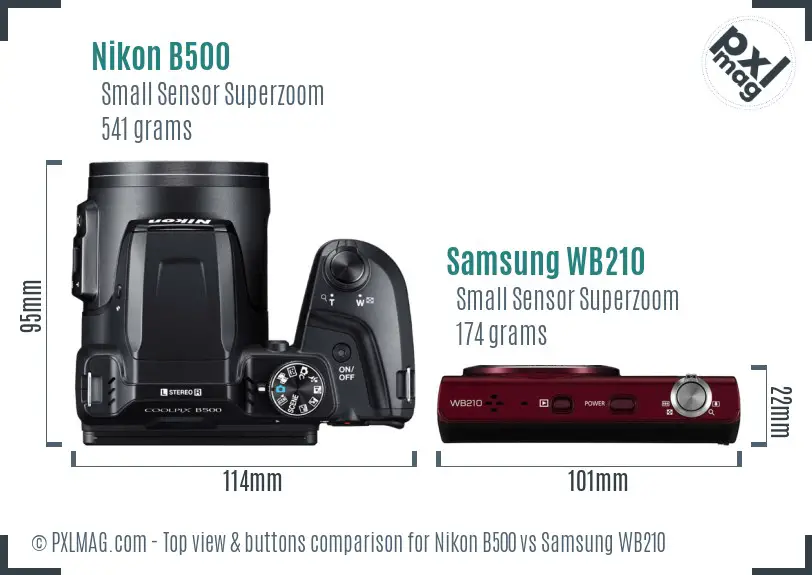 Nikon B500 vs Samsung WB210 top view buttons comparison