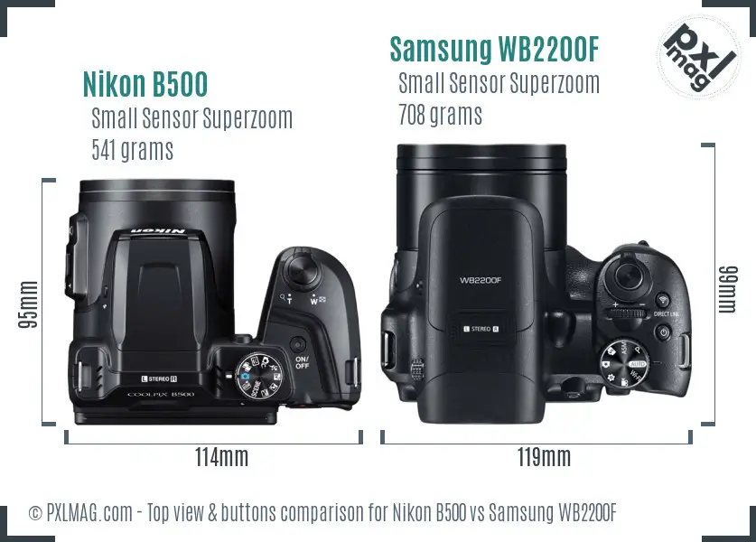 Nikon B500 vs Samsung WB2200F top view buttons comparison