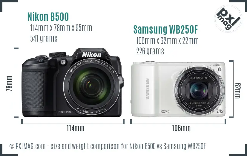 Nikon B500 vs Samsung WB250F size comparison