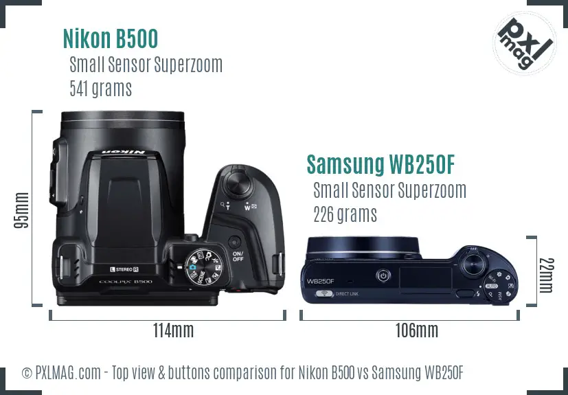 Nikon B500 vs Samsung WB250F top view buttons comparison