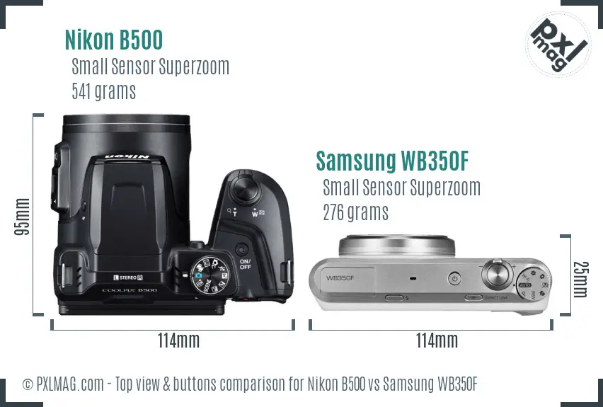 Nikon B500 vs Samsung WB350F top view buttons comparison