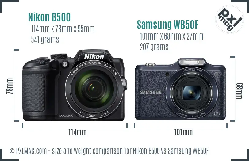 Nikon B500 vs Samsung WB50F size comparison
