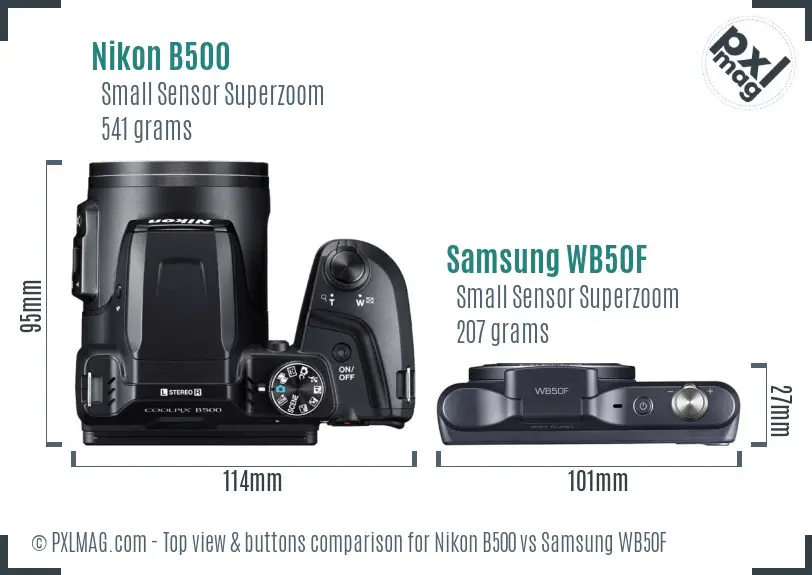 Nikon B500 vs Samsung WB50F top view buttons comparison