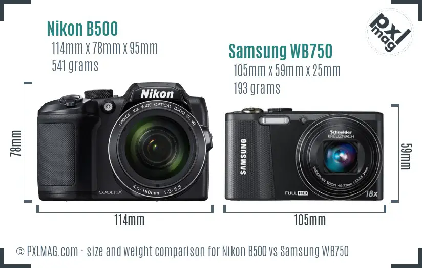 Nikon B500 vs Samsung WB750 size comparison