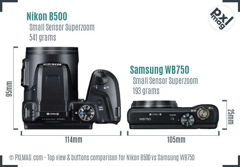 Nikon B500 vs Samsung WB750 top view buttons comparison