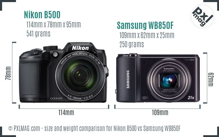 Nikon B500 vs Samsung WB850F size comparison