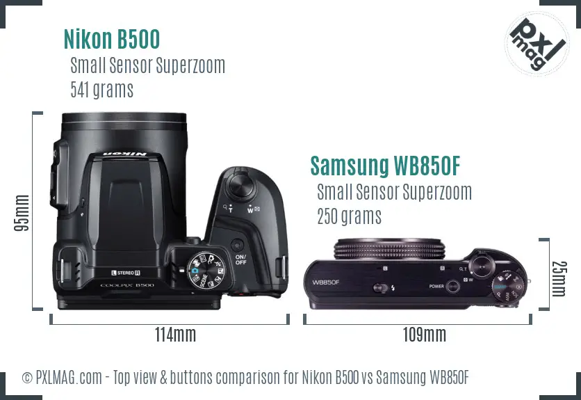 Nikon B500 vs Samsung WB850F top view buttons comparison