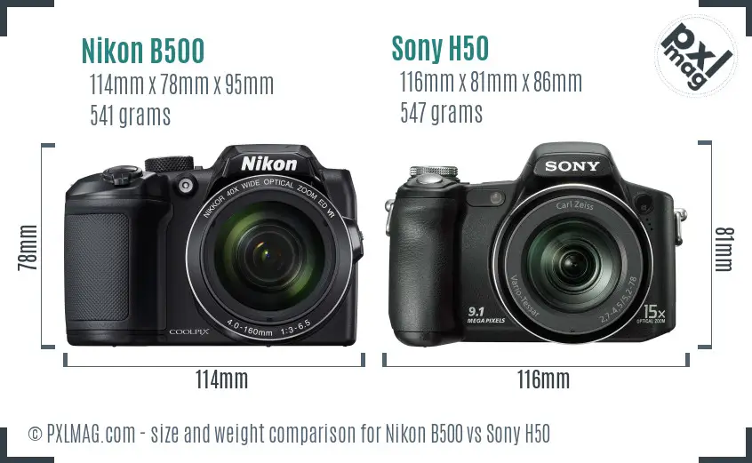 Nikon B500 vs Sony H50 size comparison