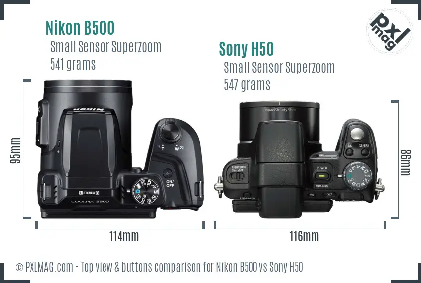 Nikon B500 vs Sony H50 top view buttons comparison