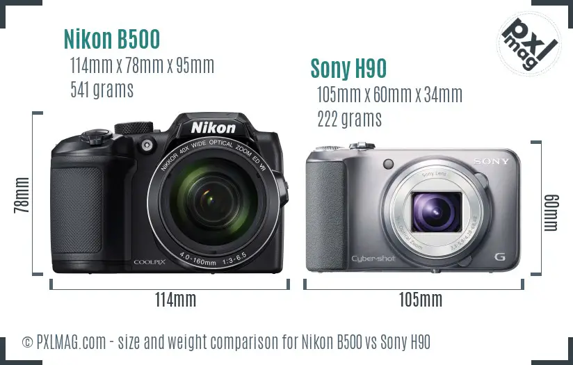 Nikon B500 vs Sony H90 size comparison